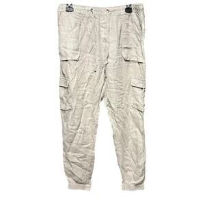 Nicole Miller Sand Tan Cargo Utility jogger pants lightweight pure linen sz L